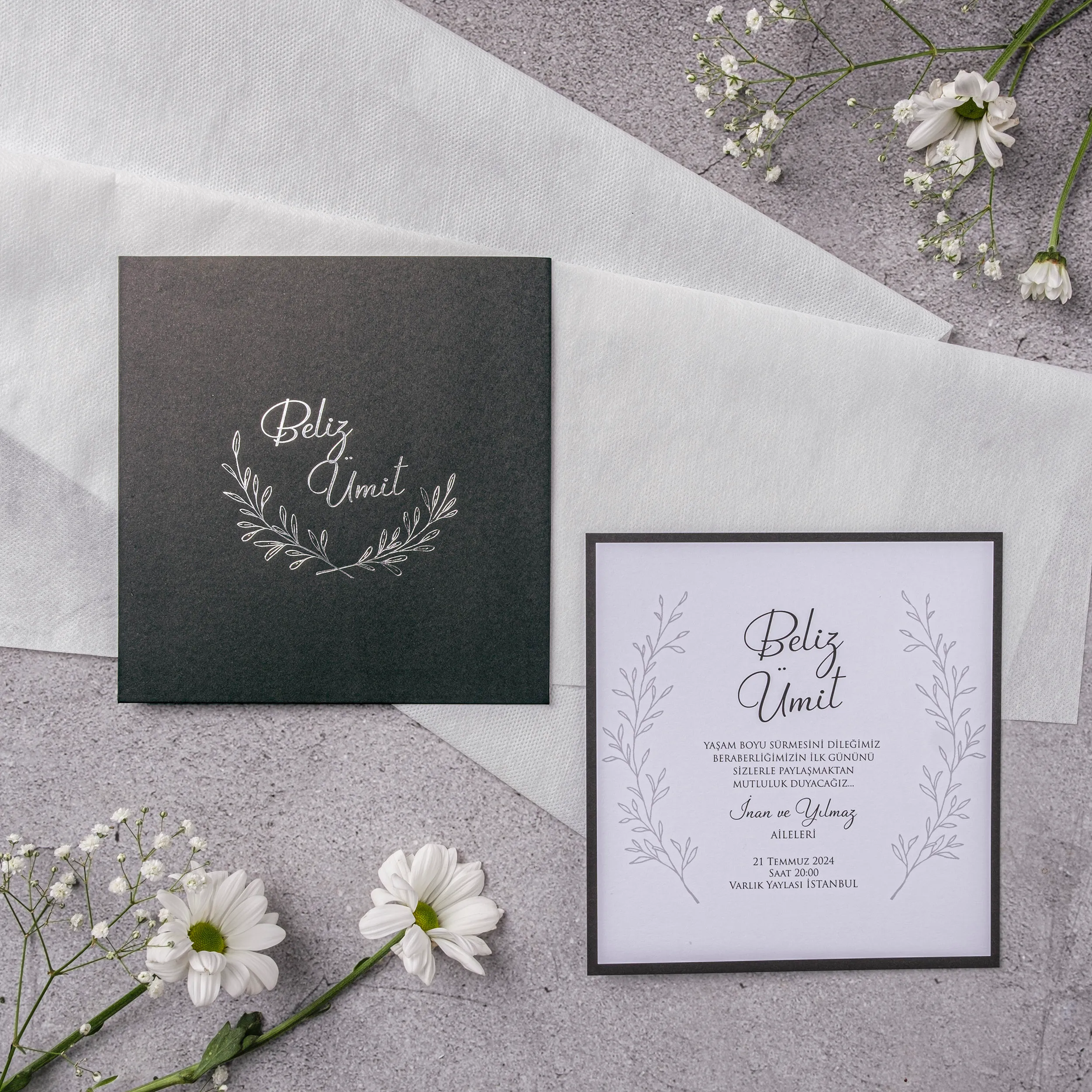 Charcoal Botanical Wreath Square Wedding Invitation