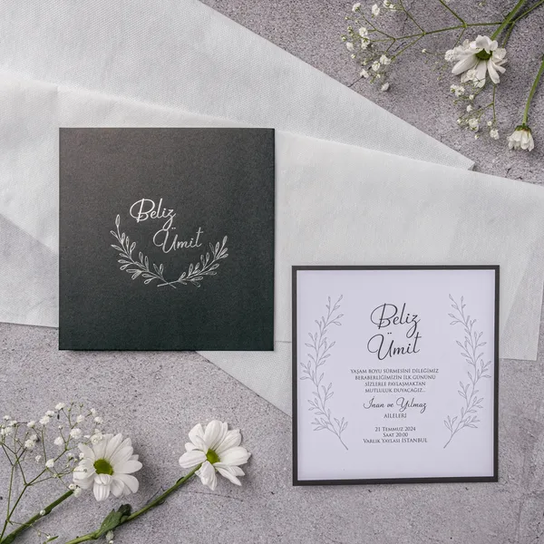 Charcoal Botanical Wreath Square Wedding Invitation