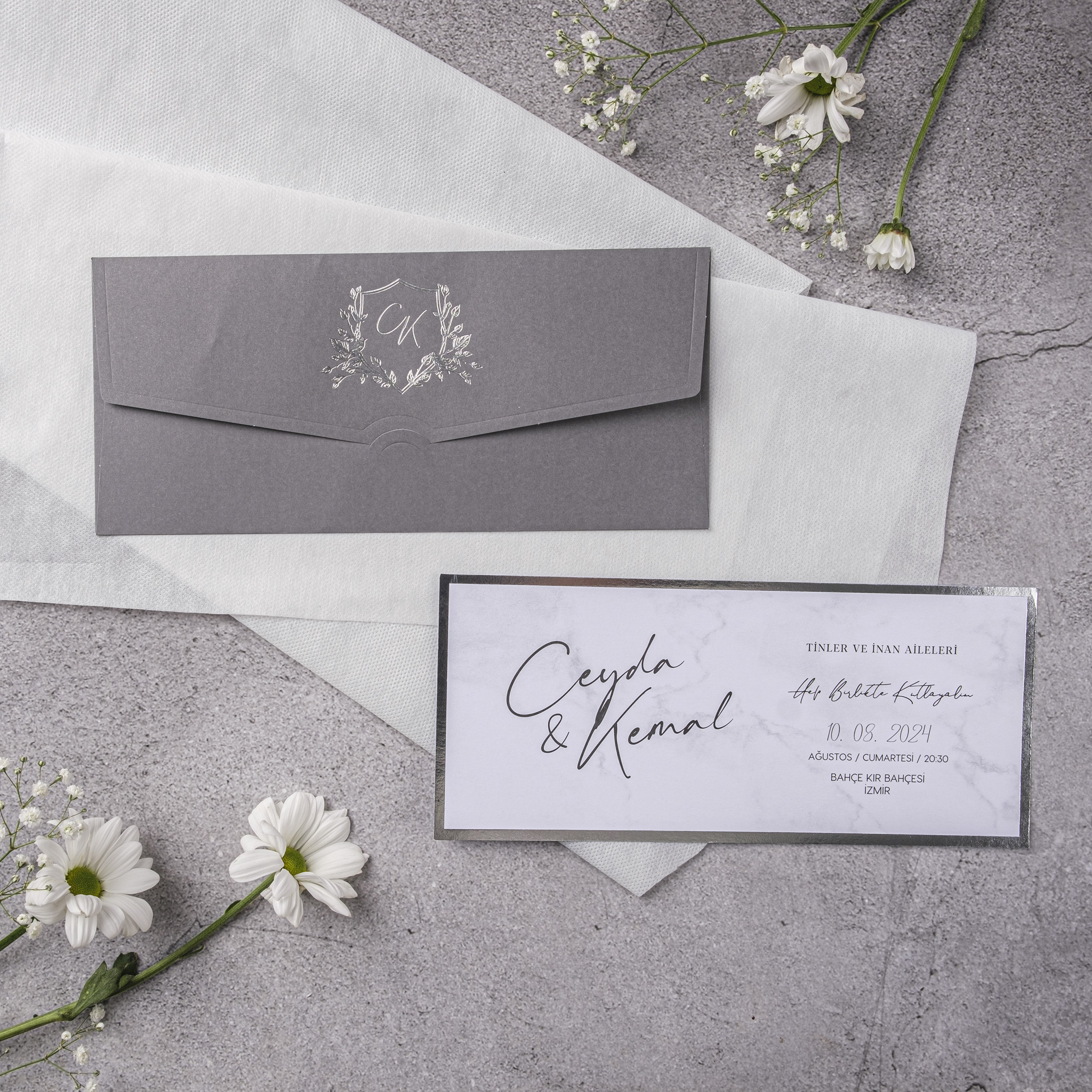 Gray Floral Wreath Horizontal Wedding Invitation