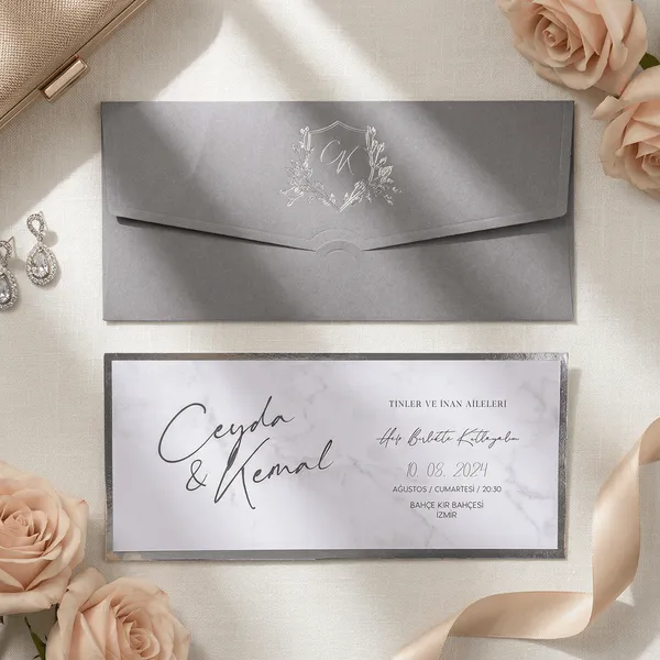 Gray Floral Wreath Horizontal Wedding Invitation