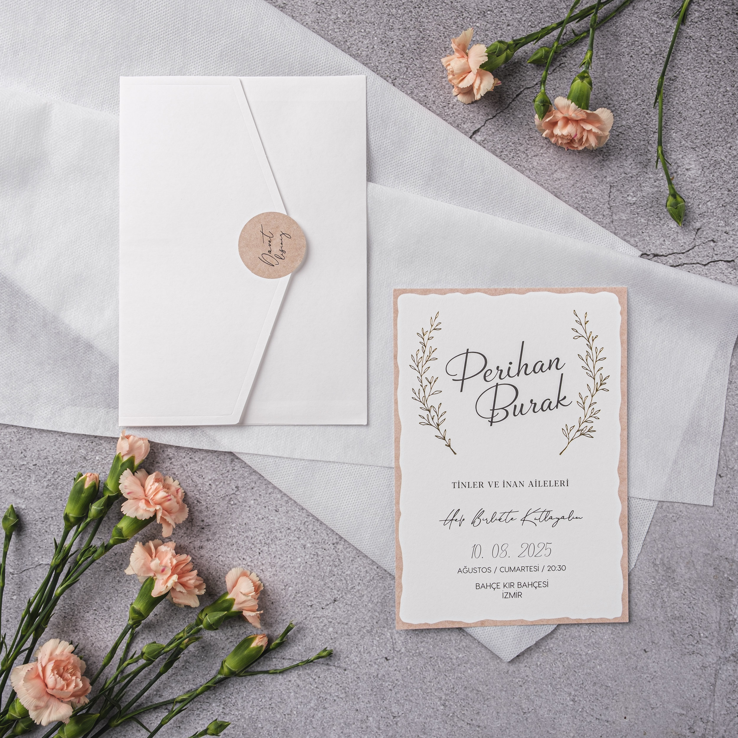 Peach Wax Seal Botanical Wedding Invitation
