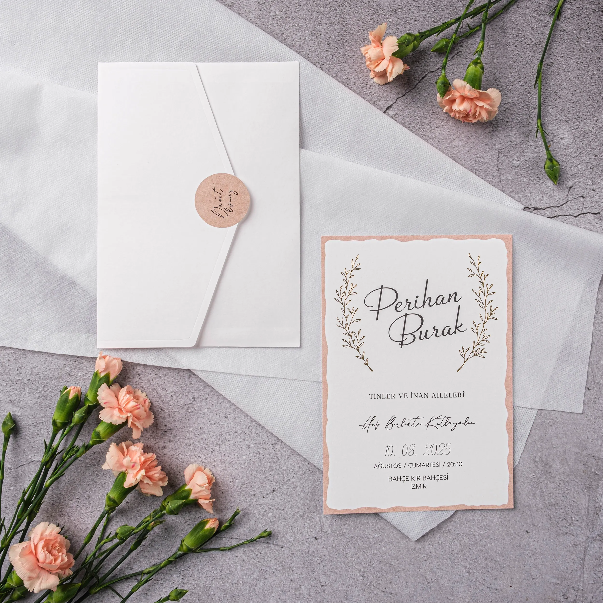 Peach Wax Seal Botanical Wedding Invitation