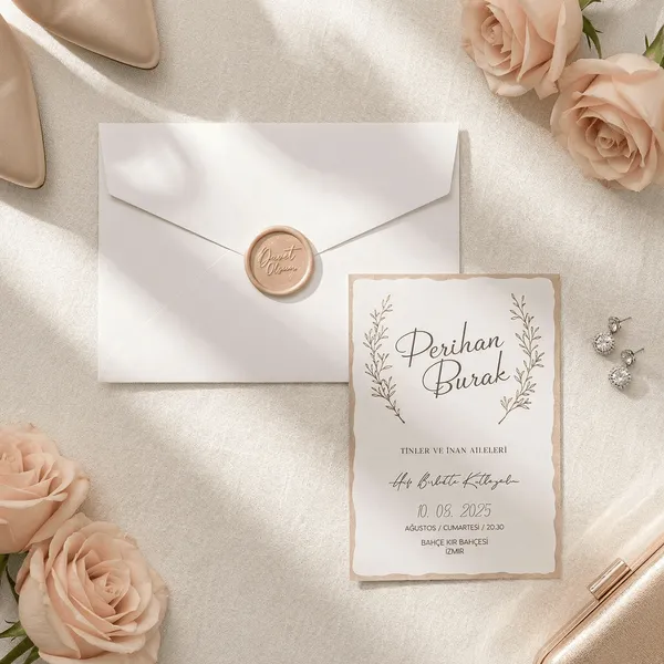 Peach Wax Seal Botanical Wedding Invitation