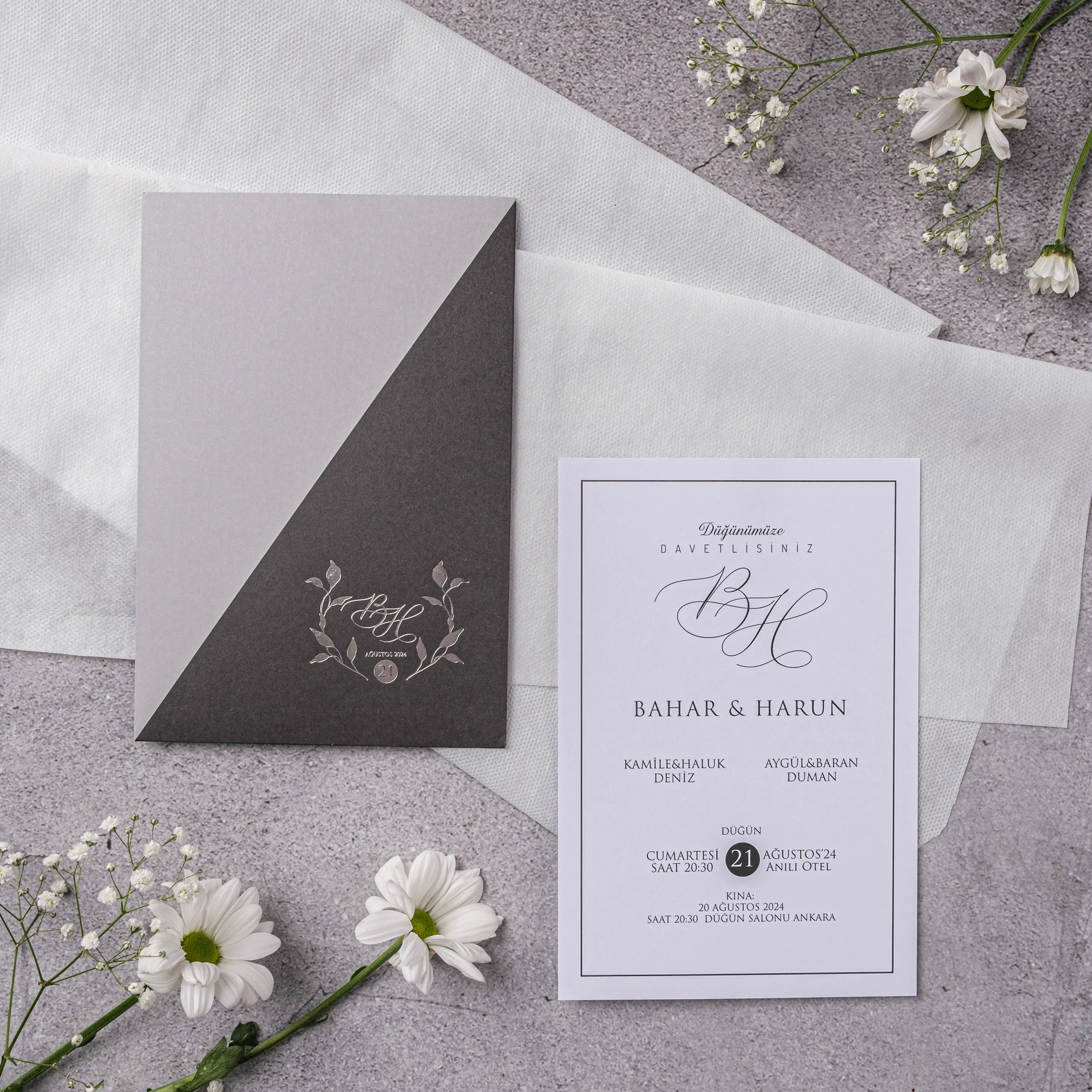 Two-Tone Gray Silver Wreath Wedding Invitation