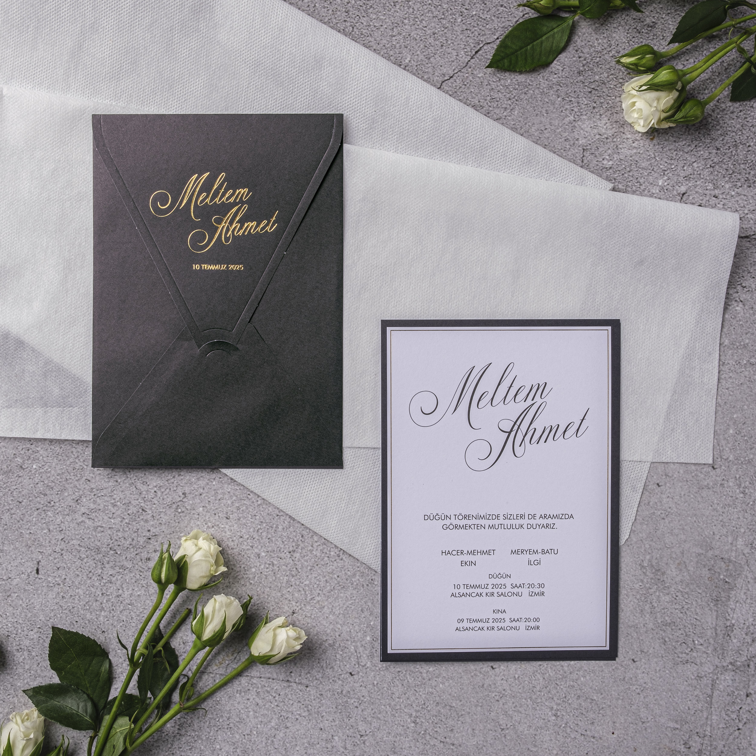 Charcoal Gold Script Pocket Wedding Invitation