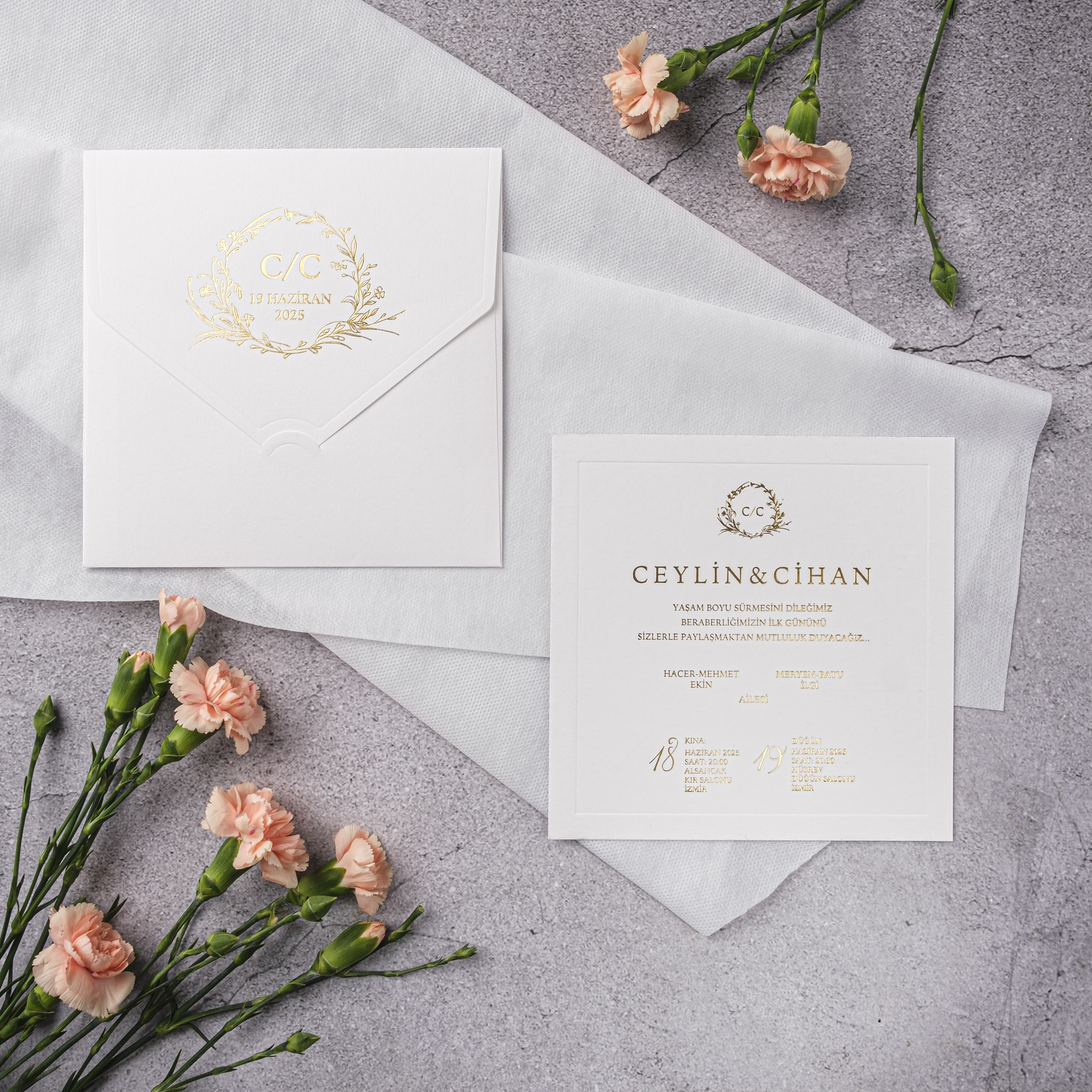 White Gold Botanical Wreath Wedding Invitation