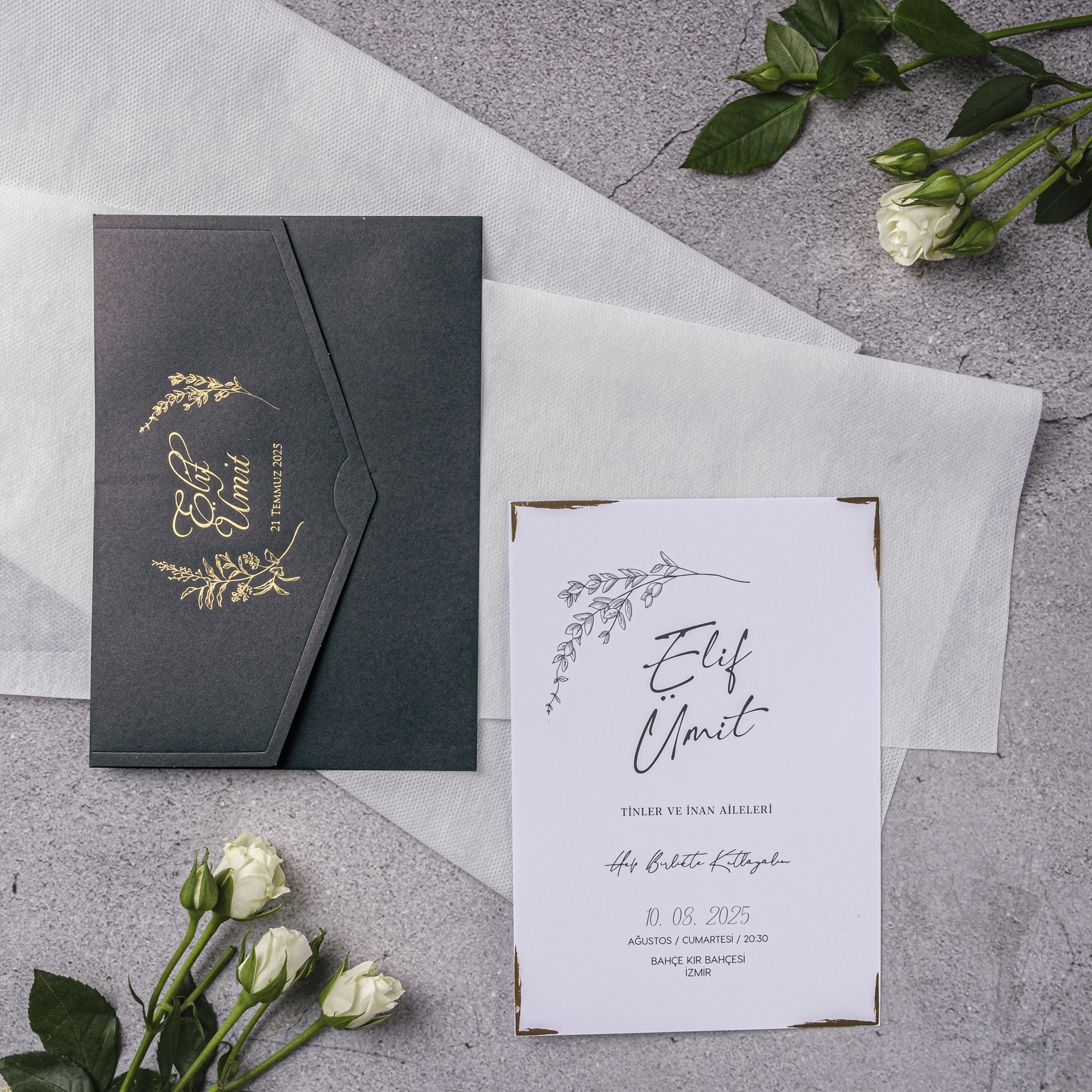 Dark Green Gold Botanical Pocket Wedding Invitation