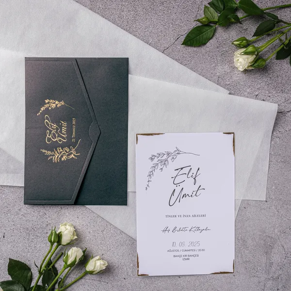 Dark Green Gold Botanical Pocket Wedding Invitation