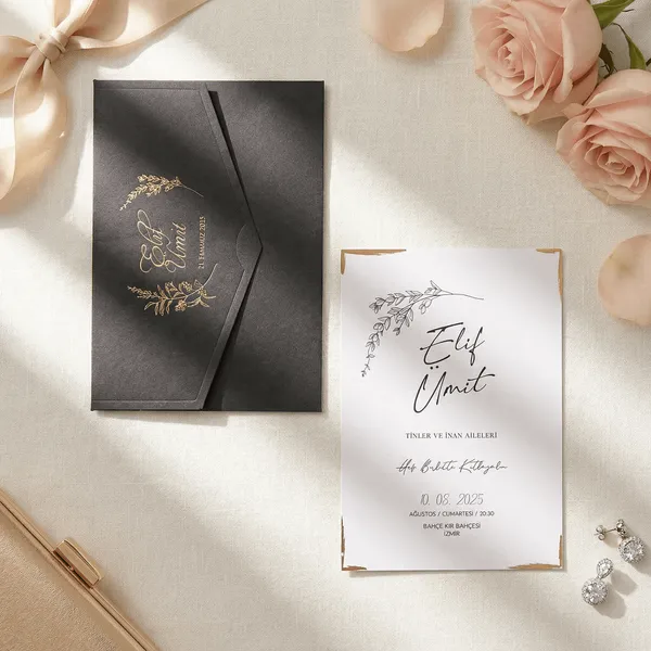 Dark Green Gold Botanical Pocket Wedding Invitation