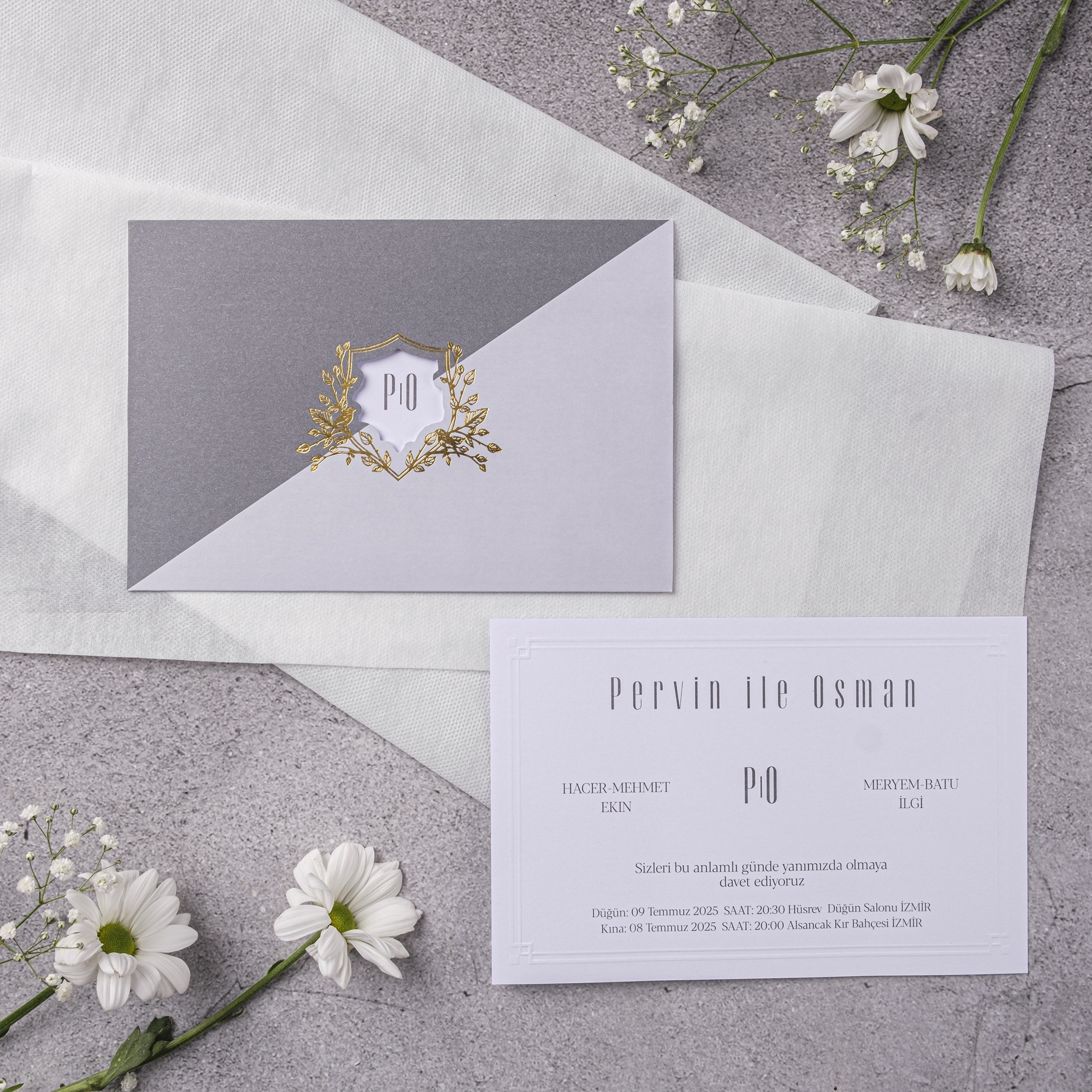 Gray Gold Shield Monogram Wedding Invitation