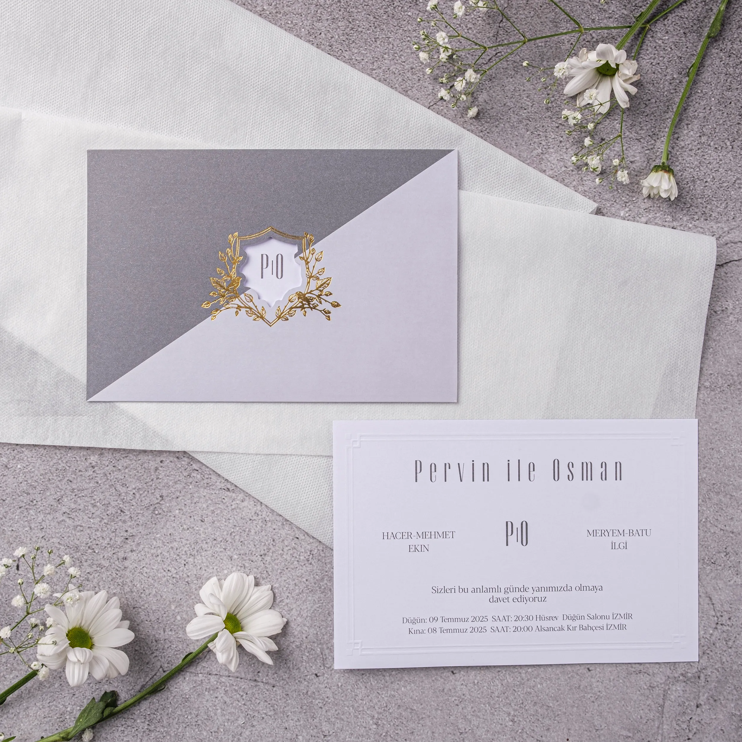Gray Gold Shield Monogram Wedding Invitation