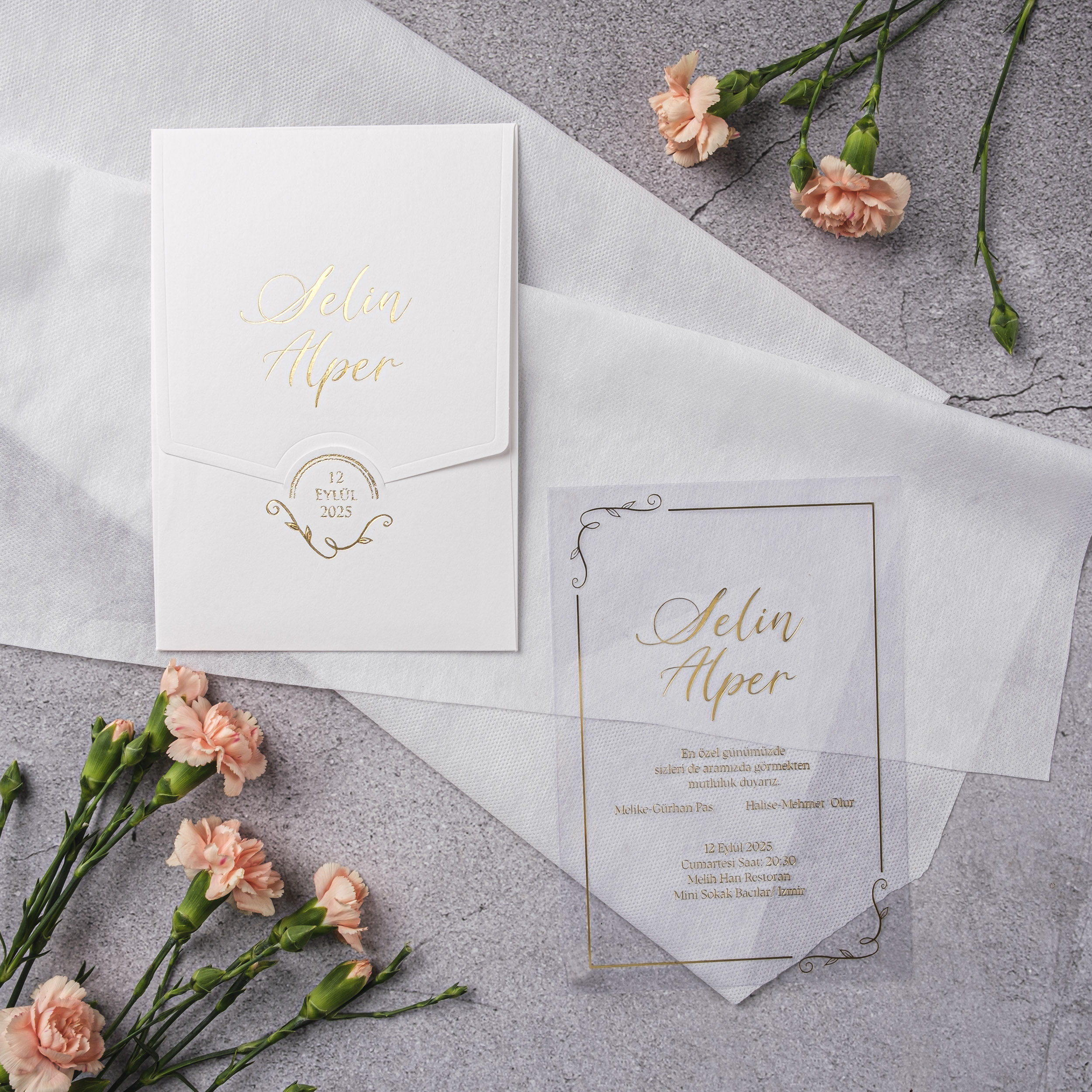 White Gold Ornate Seal Vellum Wedding Invitation