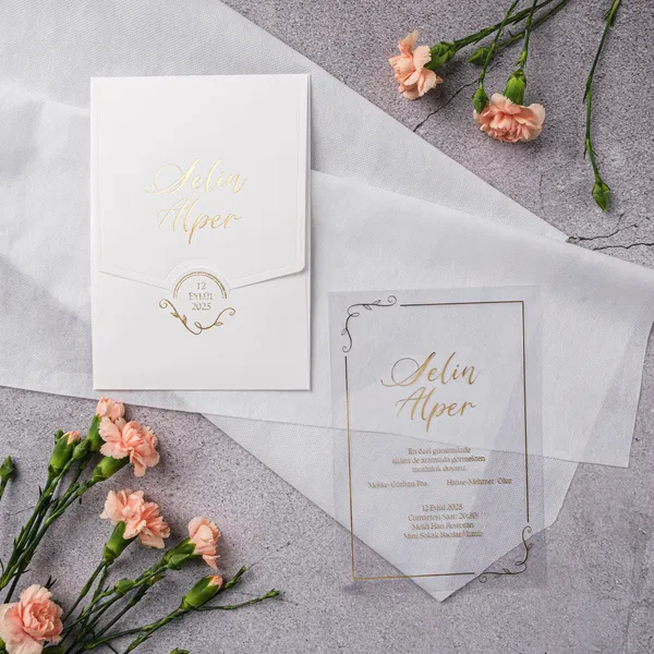 White Gold Ornate Seal Vellum Wedding Invitation