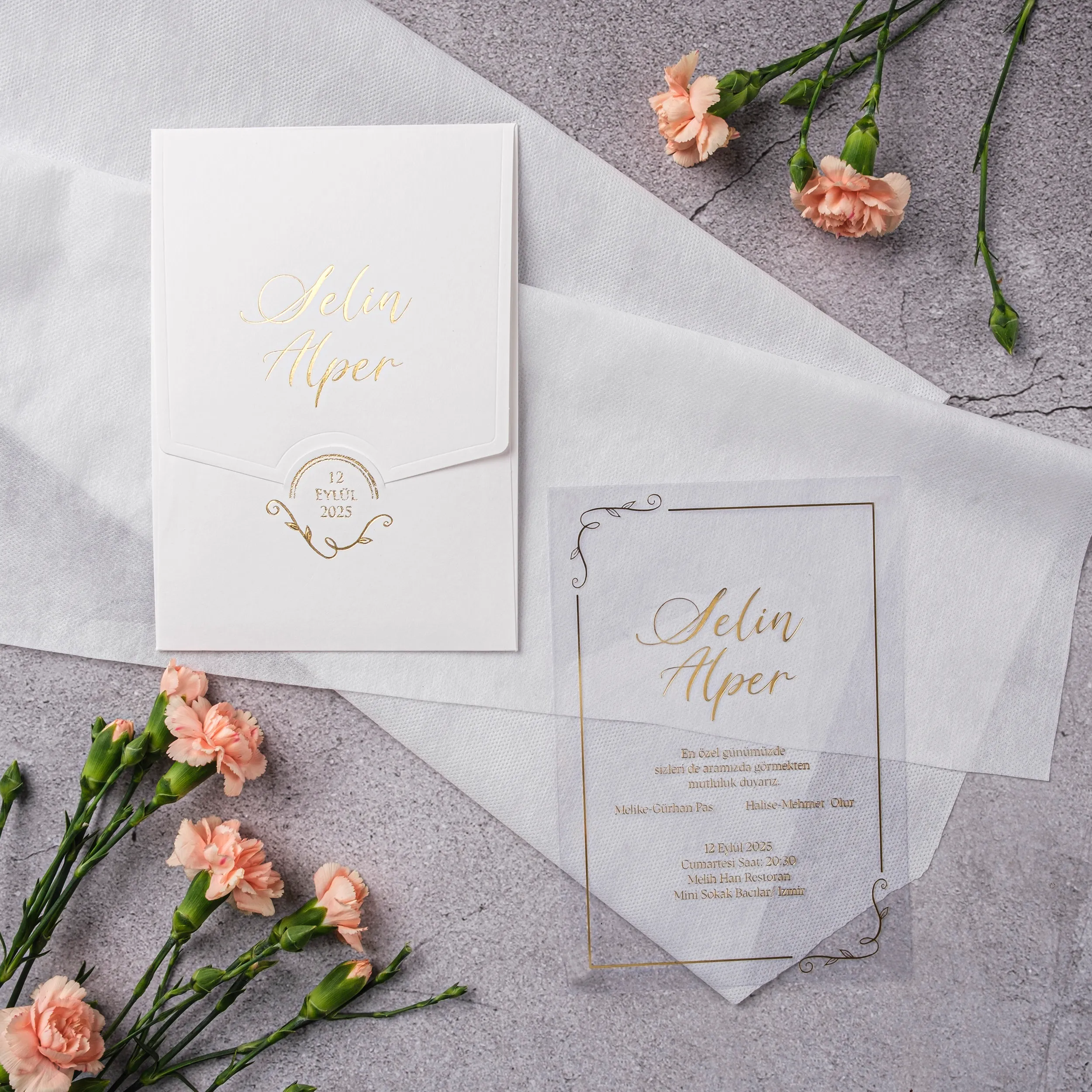 White Gold Ornate Seal Vellum Wedding Invitation