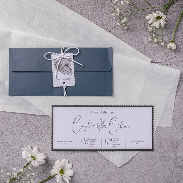 Teal Ribbon Tag Scalloped Wedding Invitation