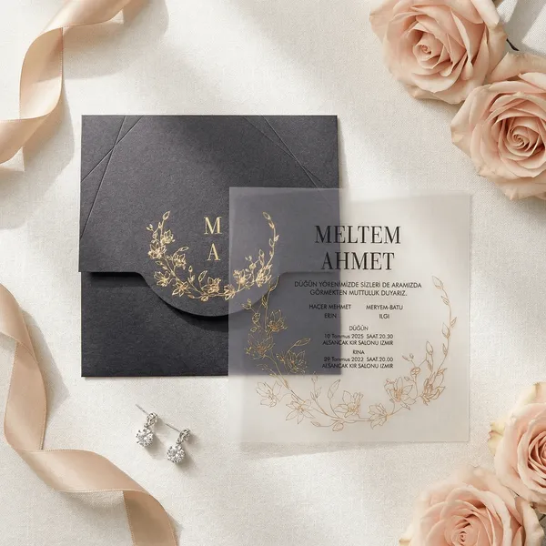 Charcoal Gold Wreath Vellum Botanical Wedding Invitation