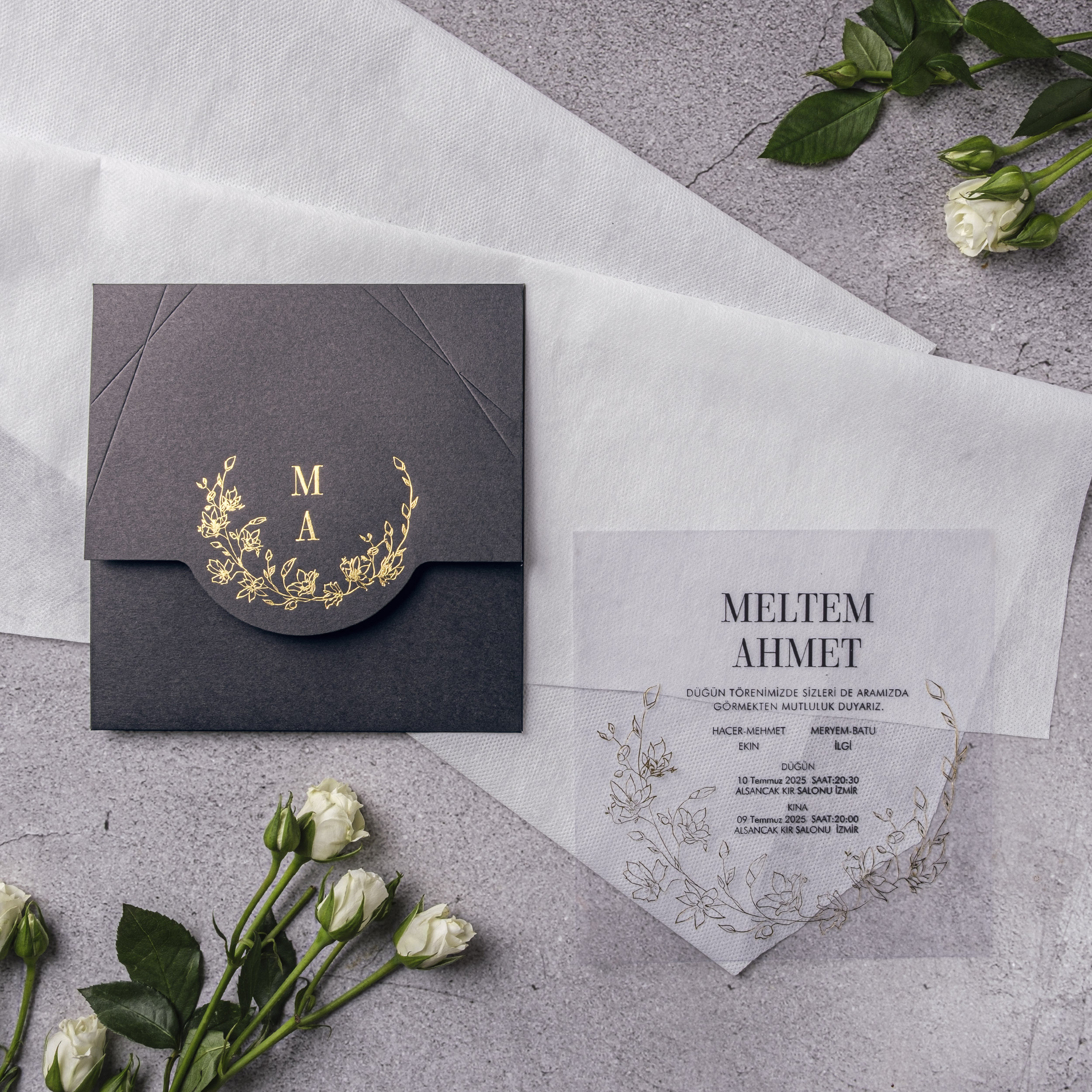 Charcoal Gold Wreath Vellum Botanical Wedding Invitation