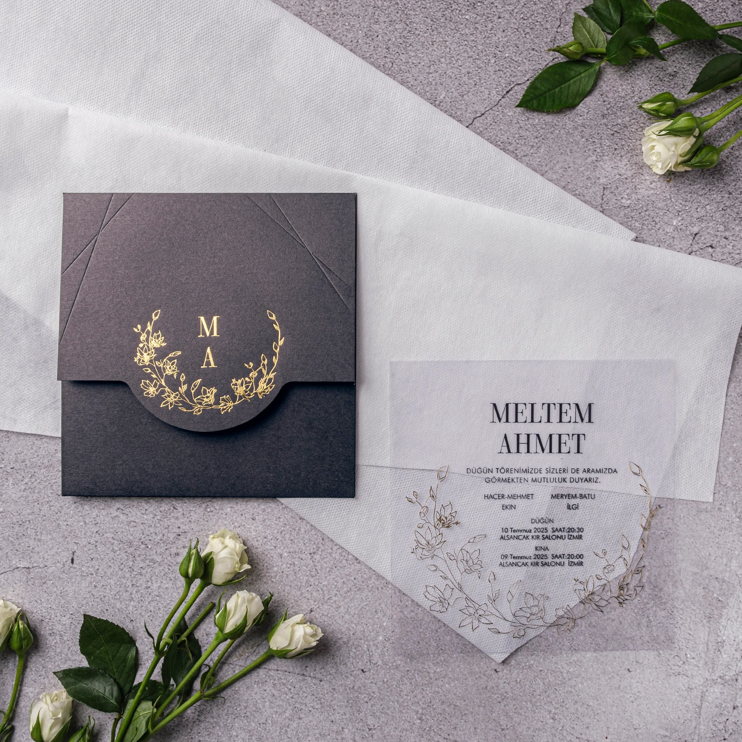 Charcoal Gold Wreath Vellum Botanical Wedding Invitation