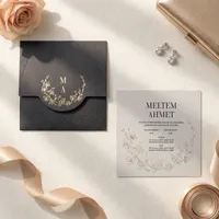 Charcoal Gold Wreath Vellum Botanical Wedding Invitation