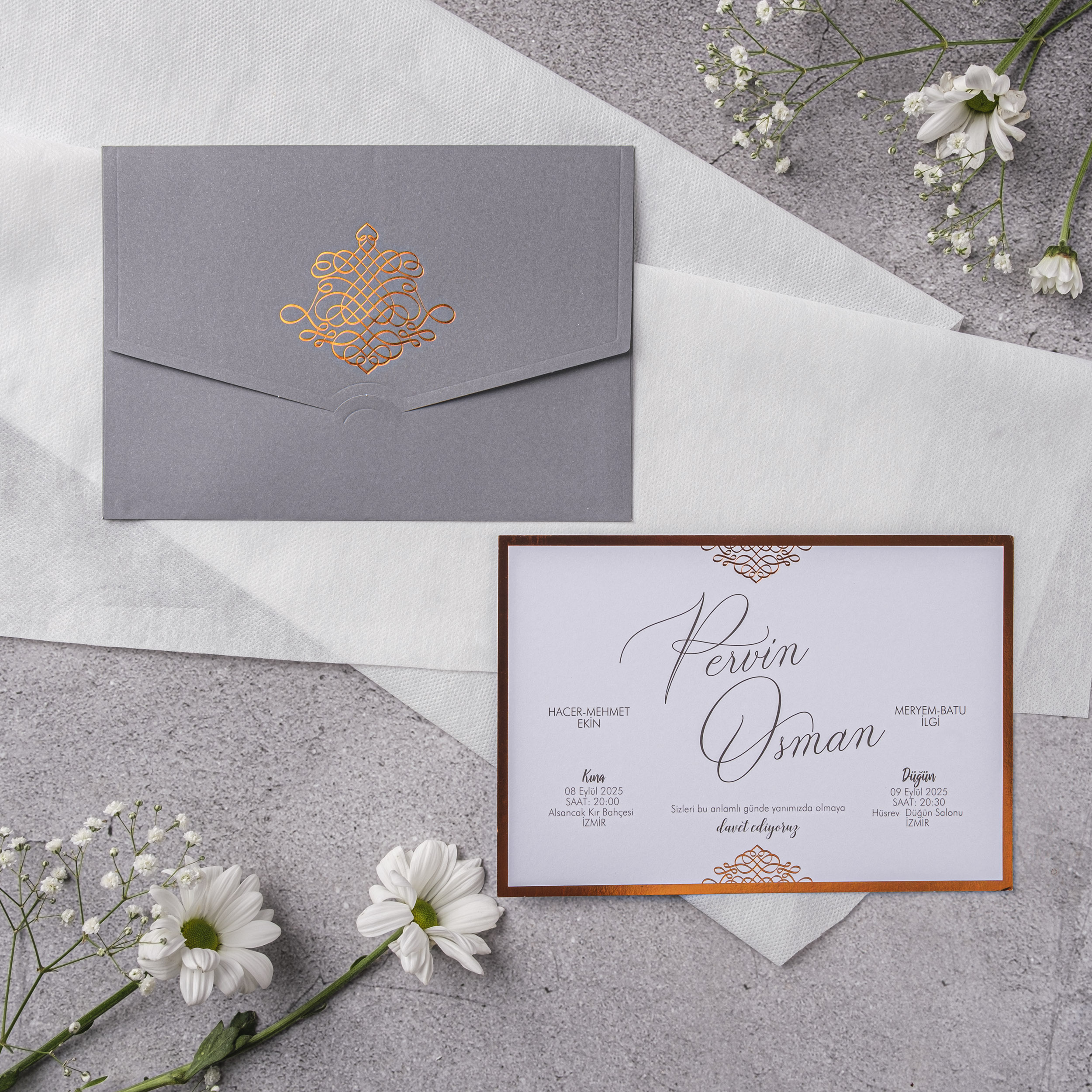 Gray Copper Ornate Emblem Wedding Invitation