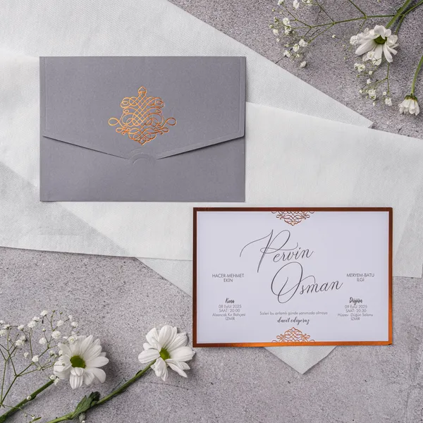Gray Copper Ornate Emblem Wedding Invitation
