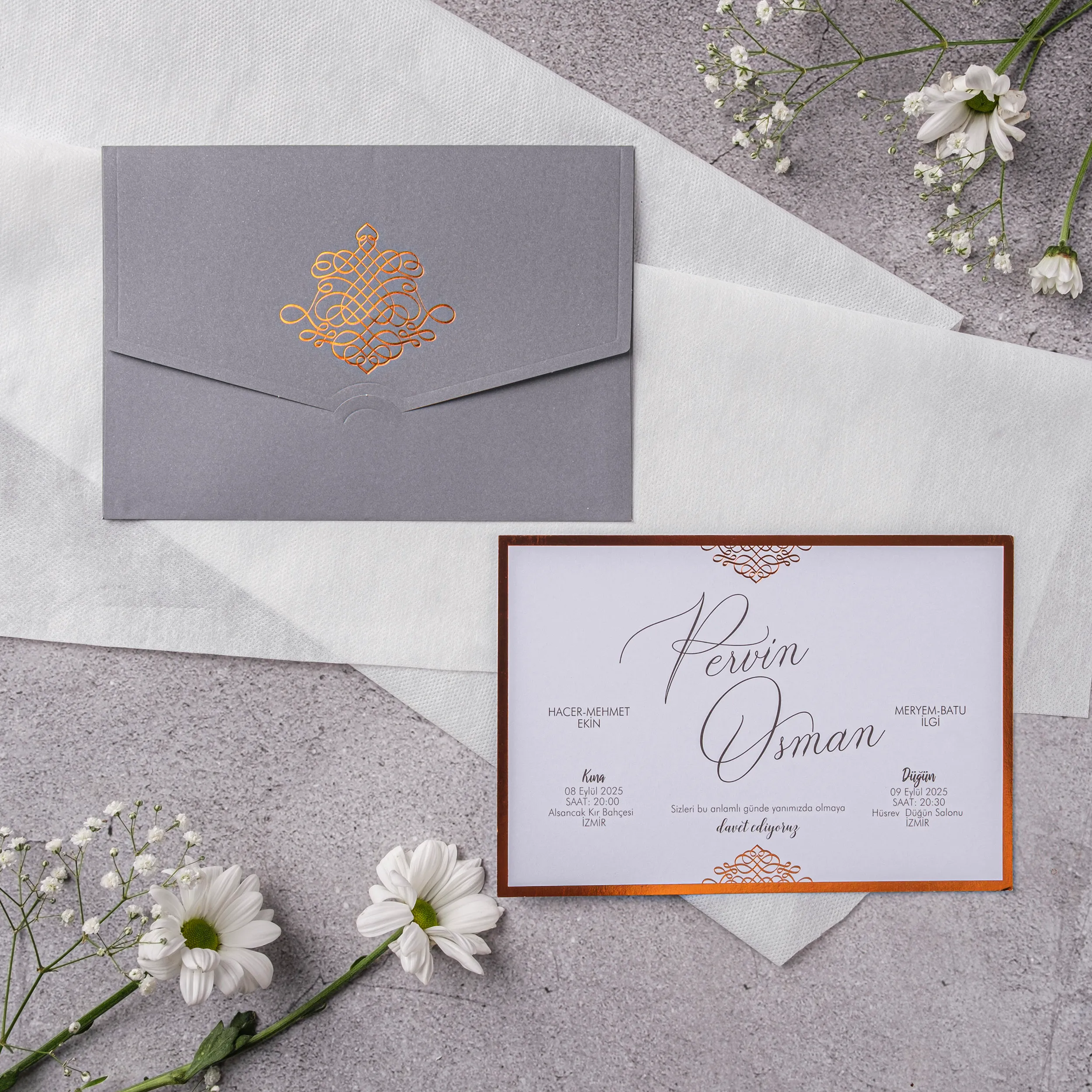 Gray Copper Ornate Emblem Wedding Invitation