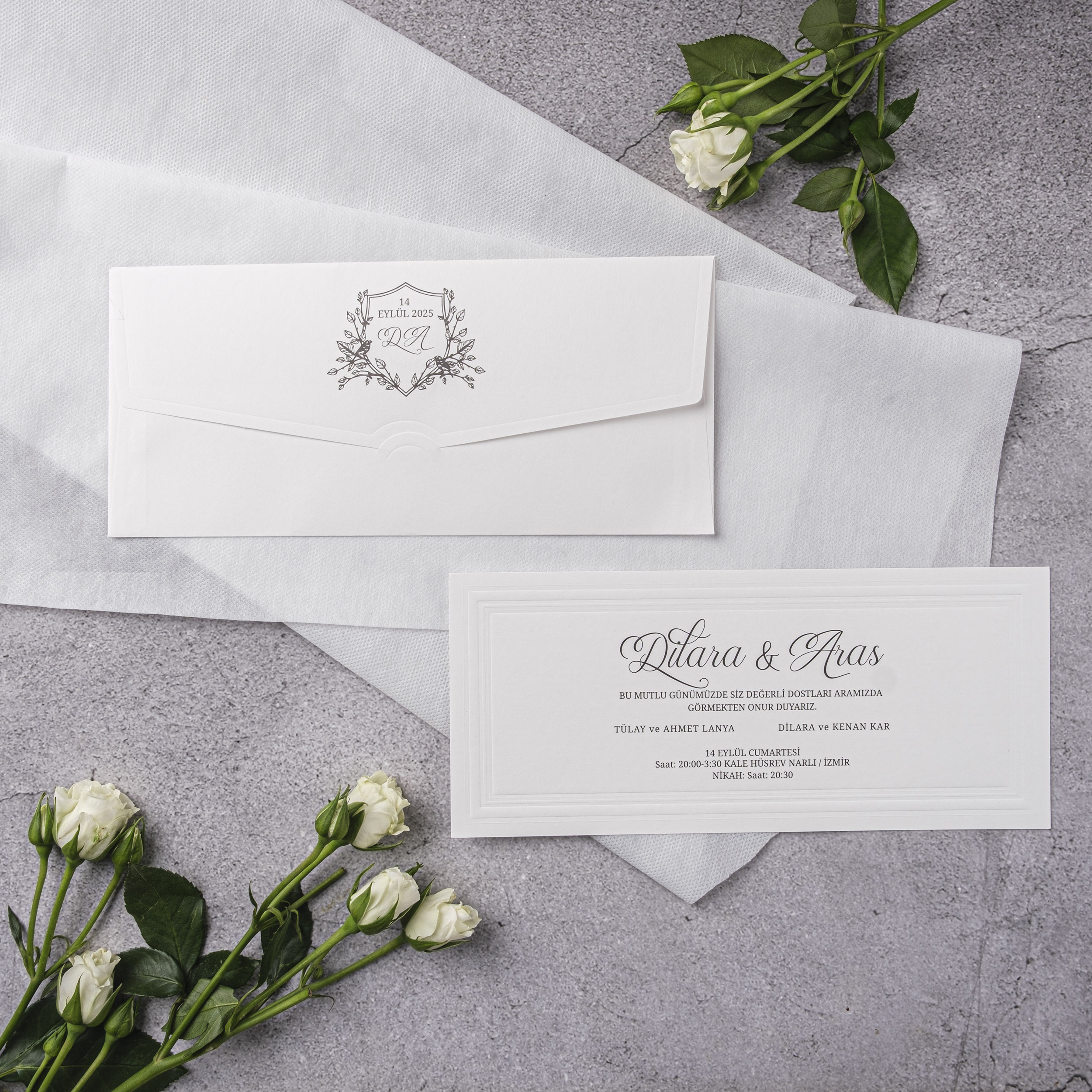 White Botanical Shield Crest Wedding Invitation
