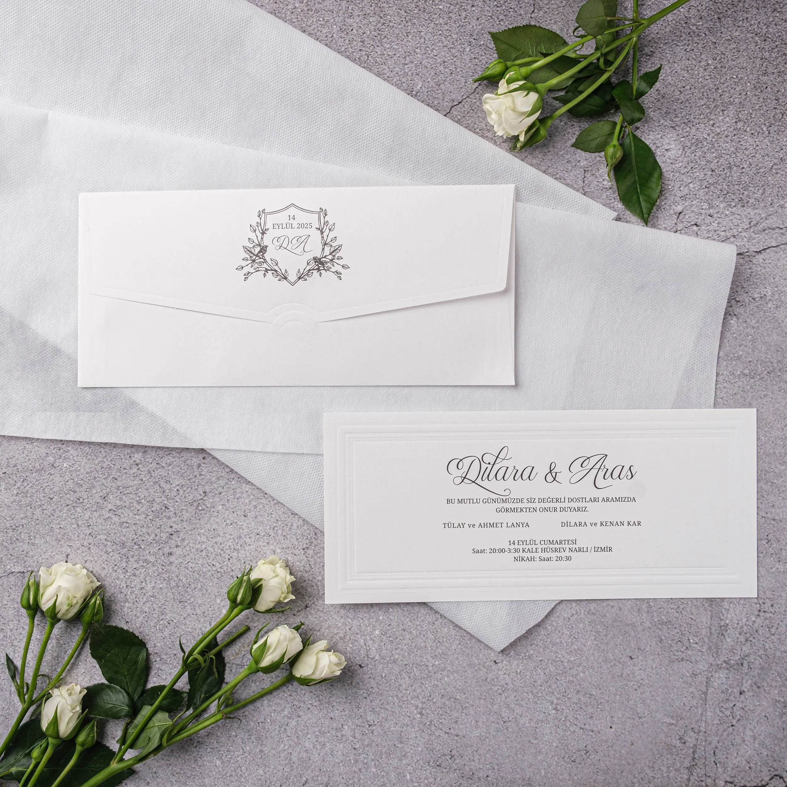 White Botanical Shield Crest Wedding Invitation