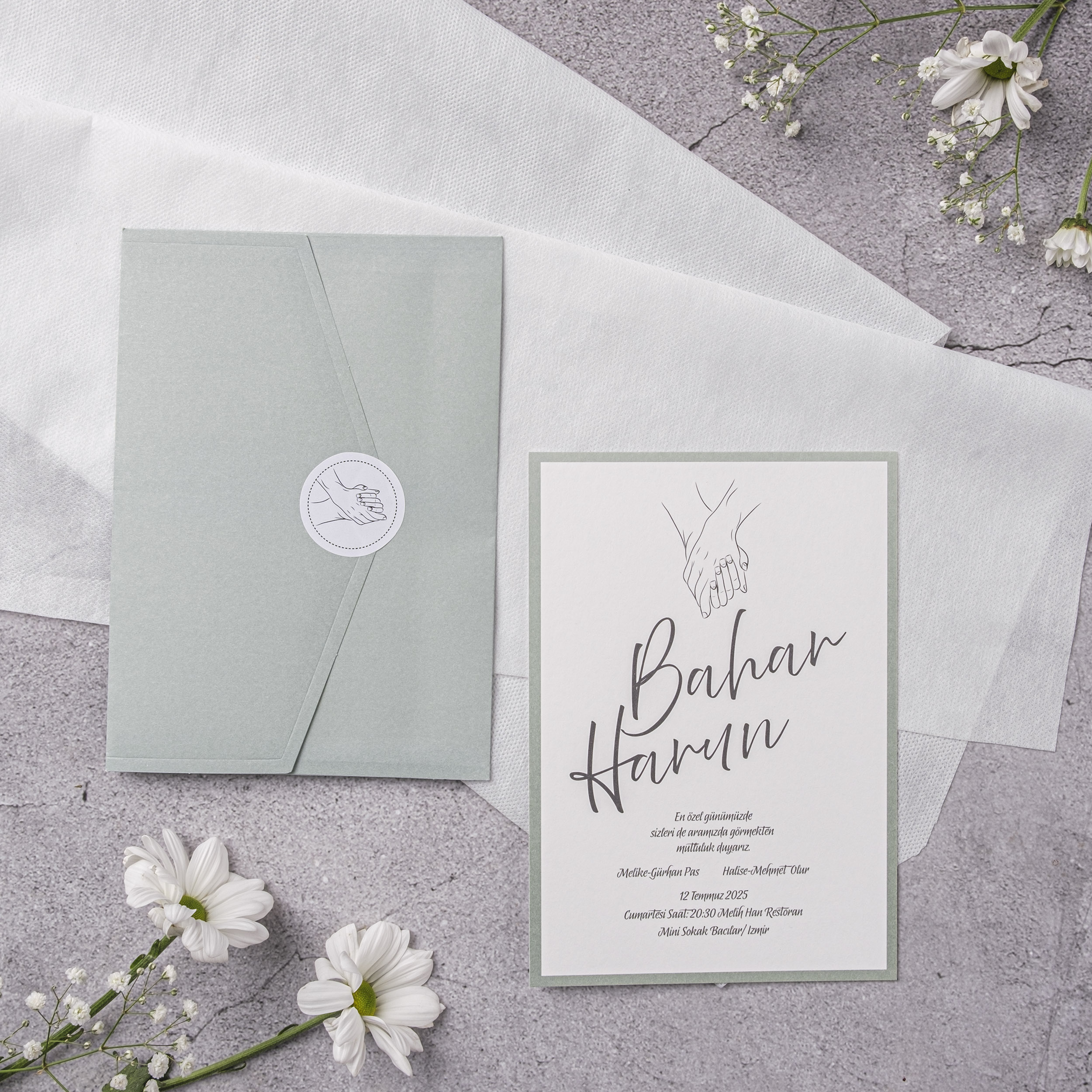 Sage Green Holding Hands Line Art Wedding Invitation