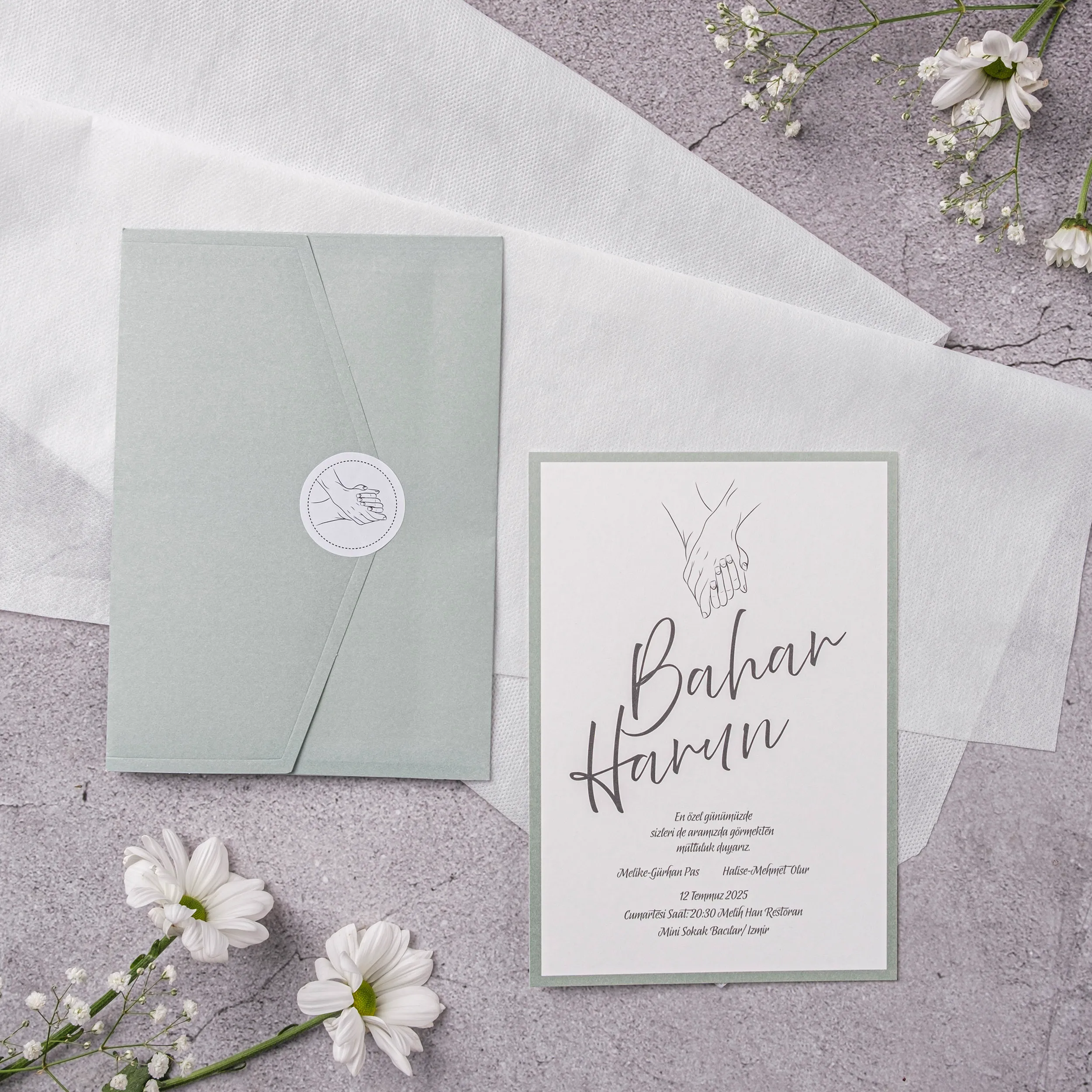 Sage Green Holding Hands Line Art Wedding Invitation