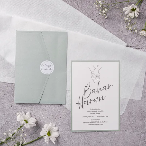 Sage Green Holding Hands Line Art Wedding Invitation