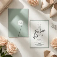 Sage Green Holding Hands Line Art Wedding Invitation