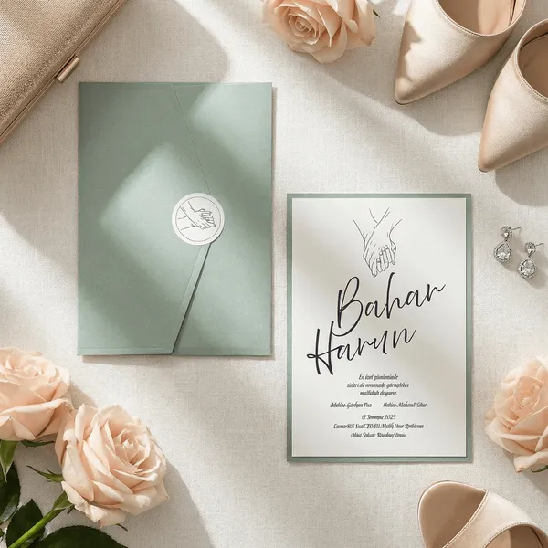 Sage Green Holding Hands Line Art Wedding Invitation