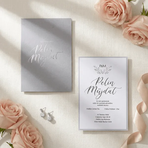 Gray White Script Botanical Wreath Wedding Invitation