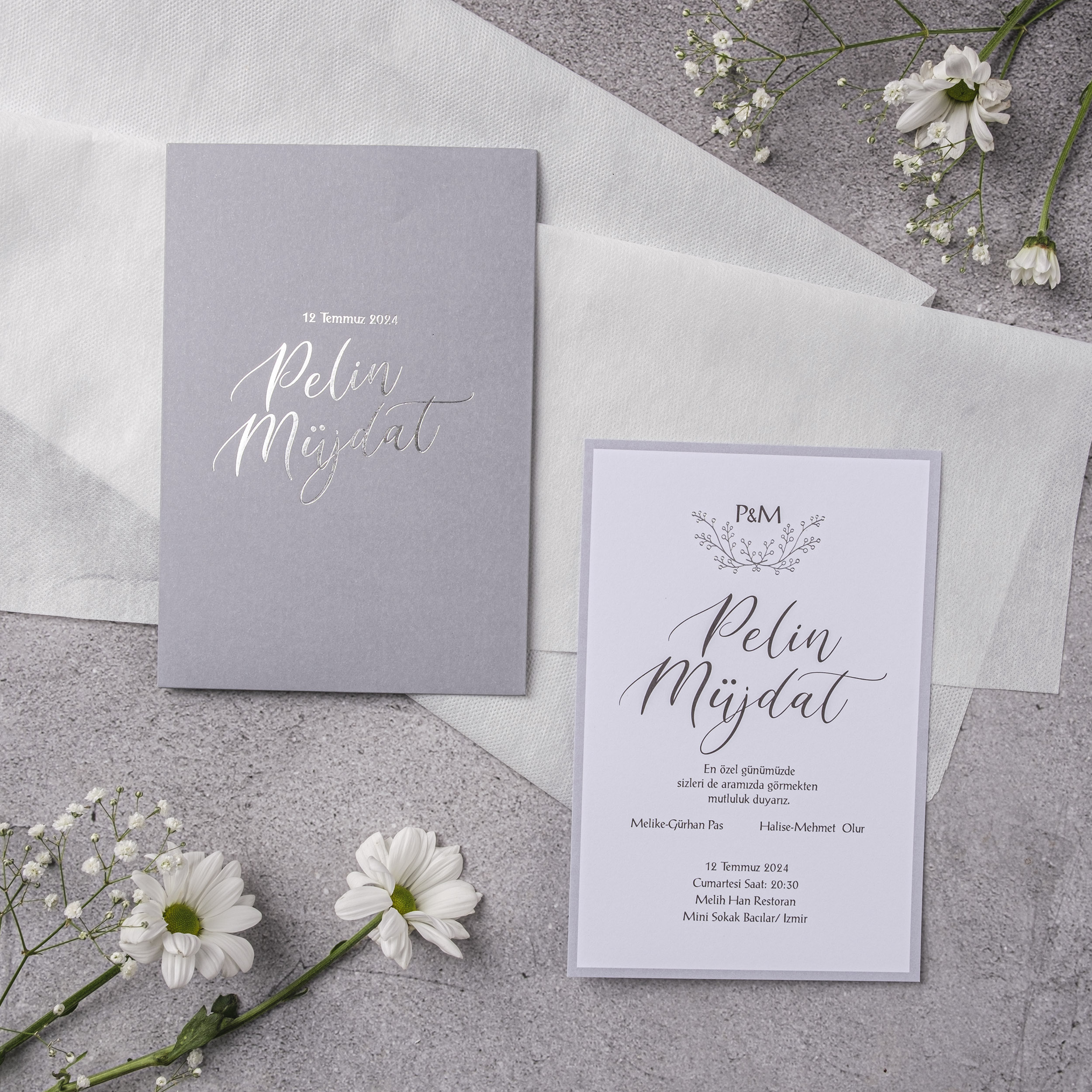 Gray White Script Botanical Wreath Wedding Invitation