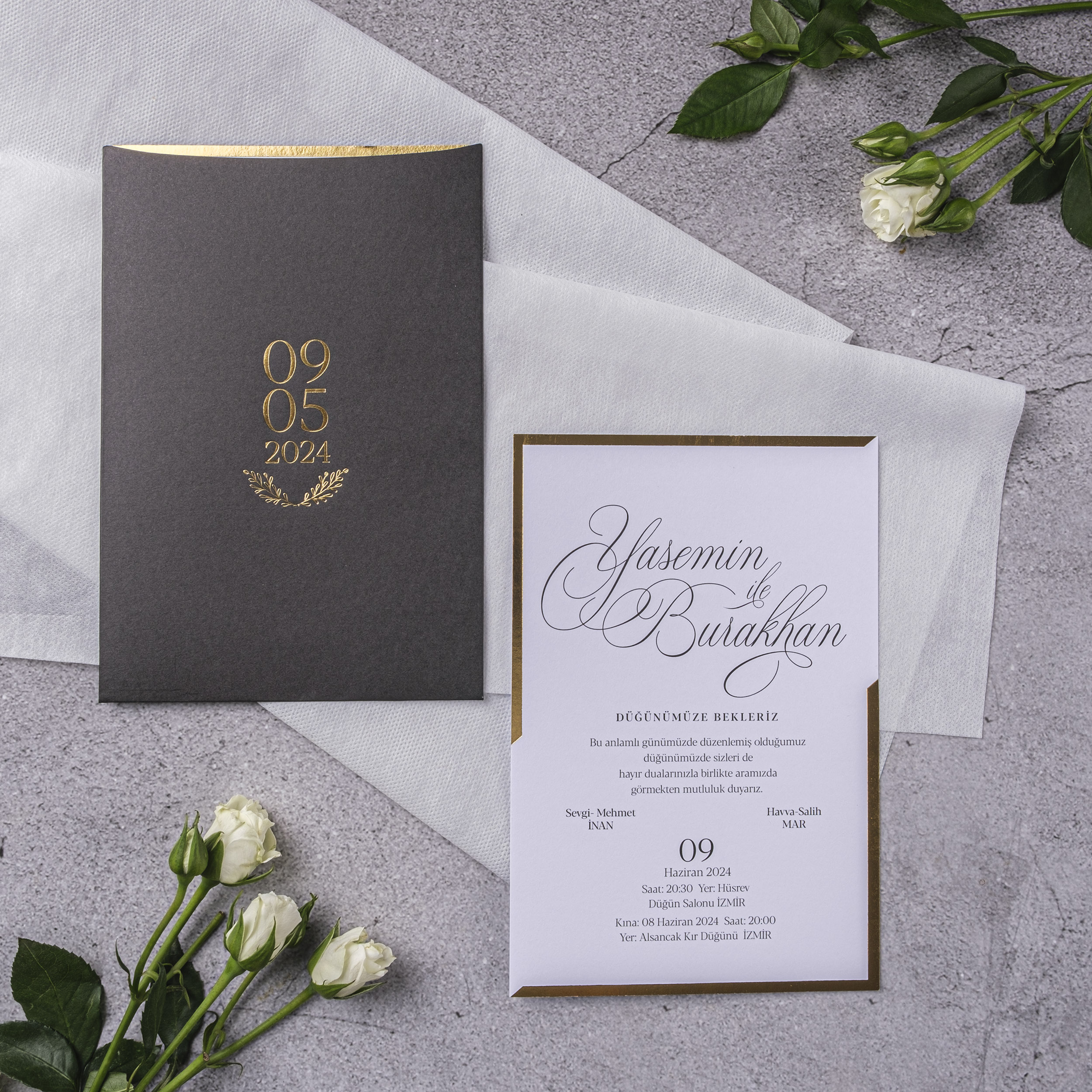 Charcoal Gold Date Laurel Wedding Invitation