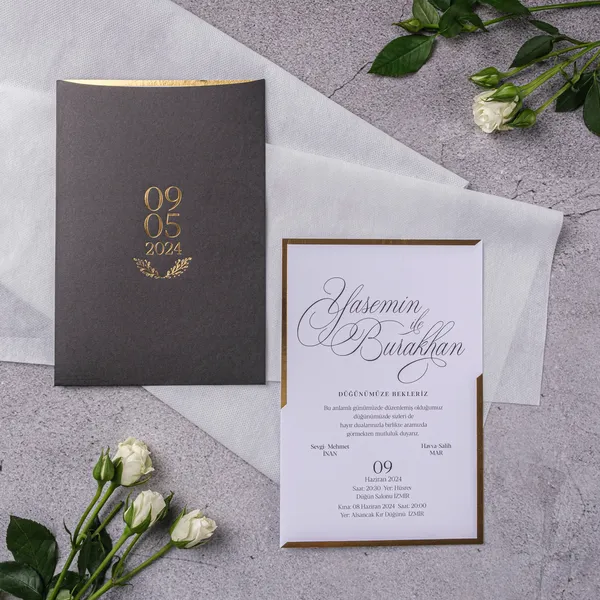 Charcoal Gold Date Laurel Wedding Invitation