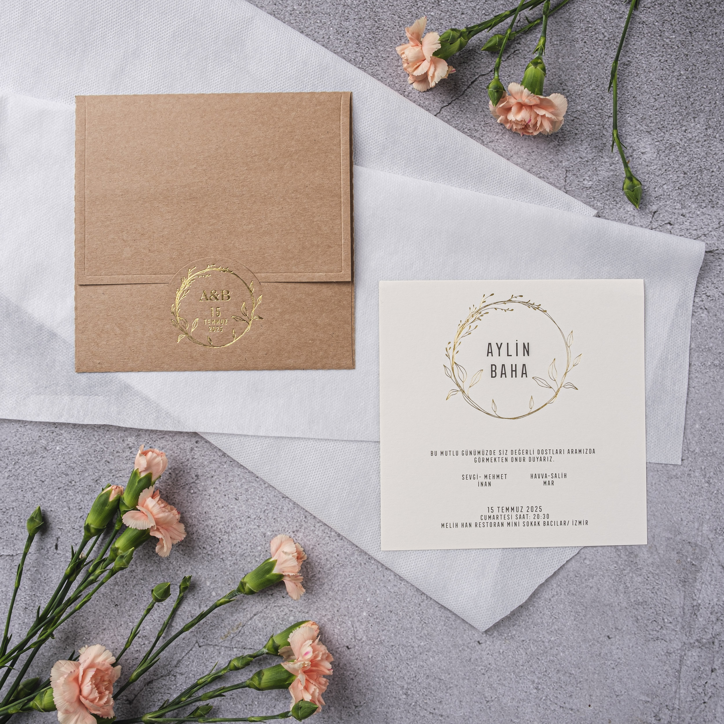 Kraft Gold Botanical Circle Wedding Invitation