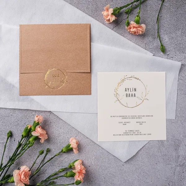 Kraft Gold Botanical Circle Wedding Invitation