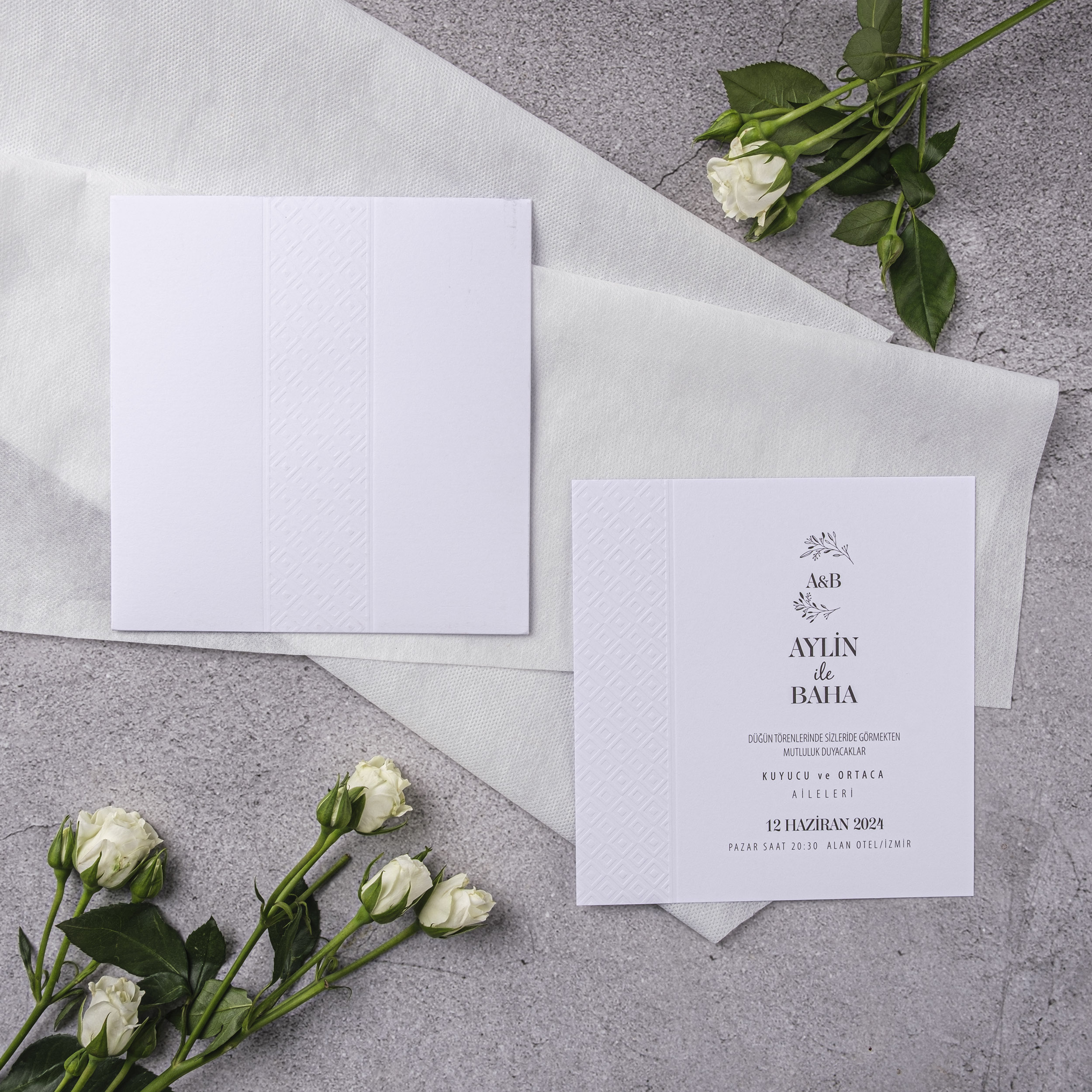 White Embossed Diagonal Stripe Wedding Invitation