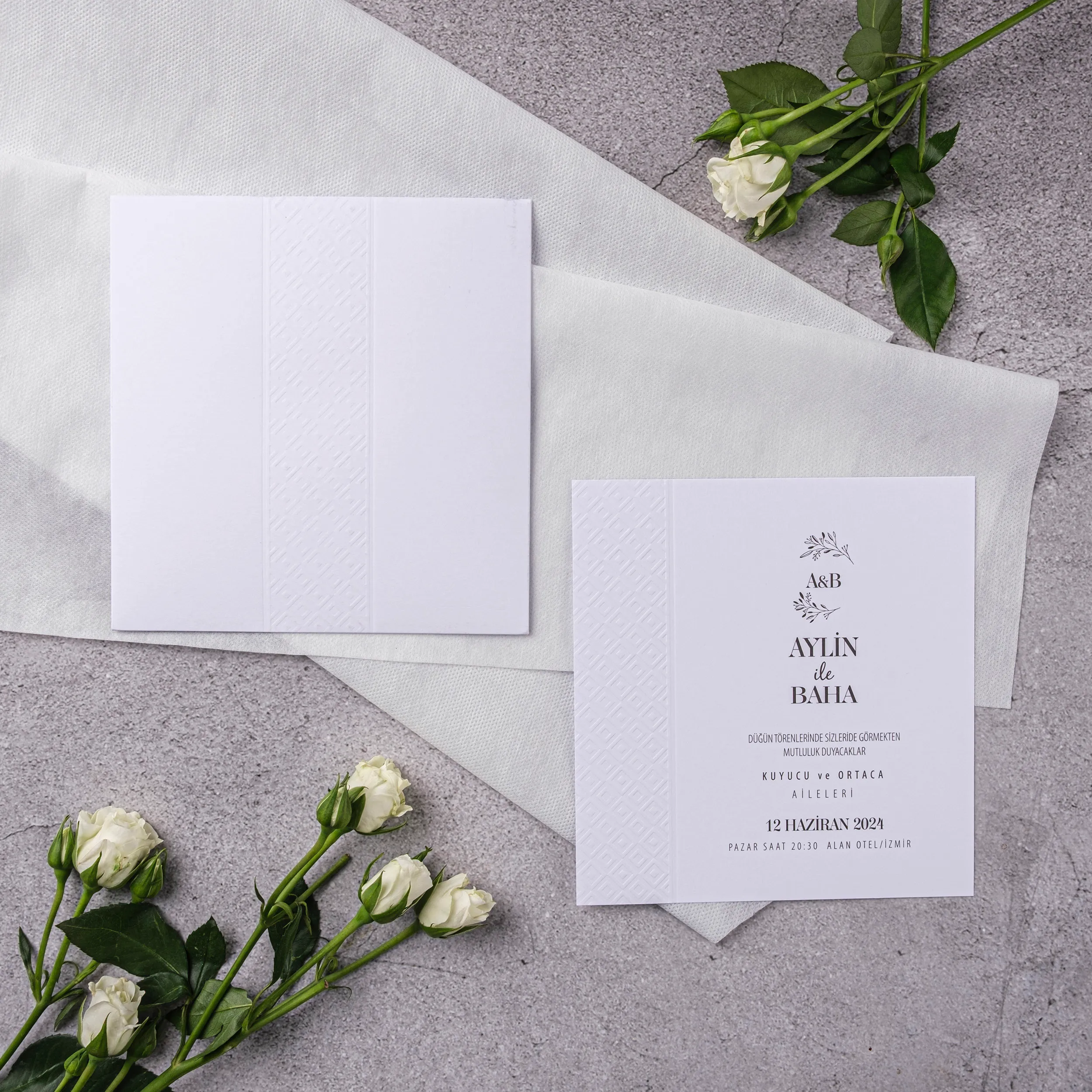 White Embossed Diagonal Stripe Wedding Invitation