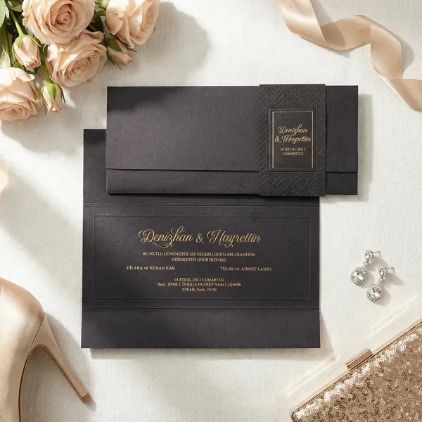 Charcoal Gold Geometric Tri-Fold Wedding Invitation