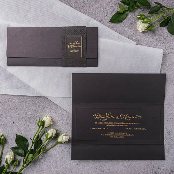 Charcoal Gold Geometric Tri-Fold Wedding Invitation