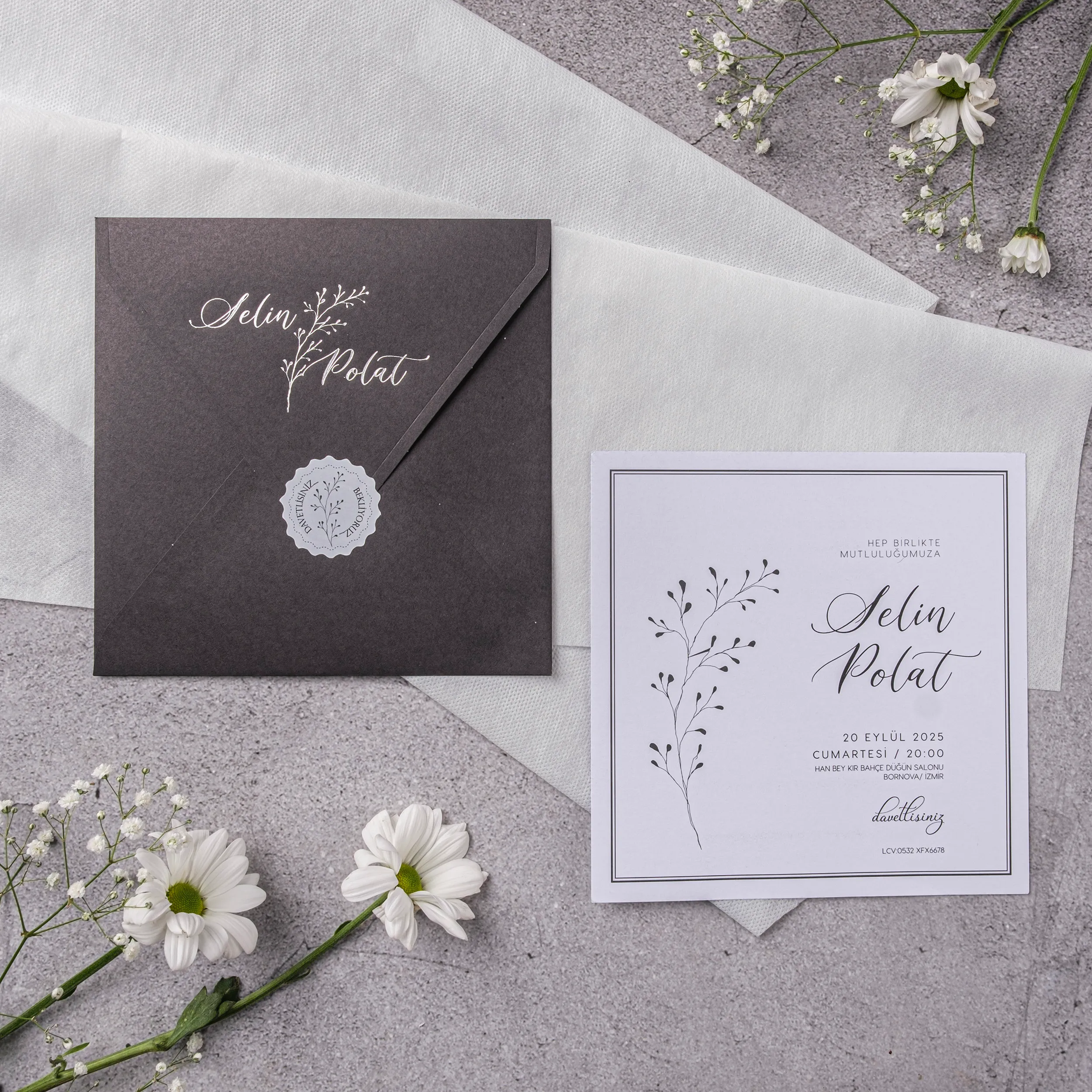 Charcoal White Script Botanical Seal Wedding Invitation