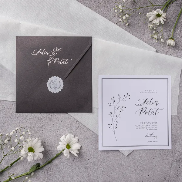 Charcoal White Script Botanical Seal Wedding Invitation