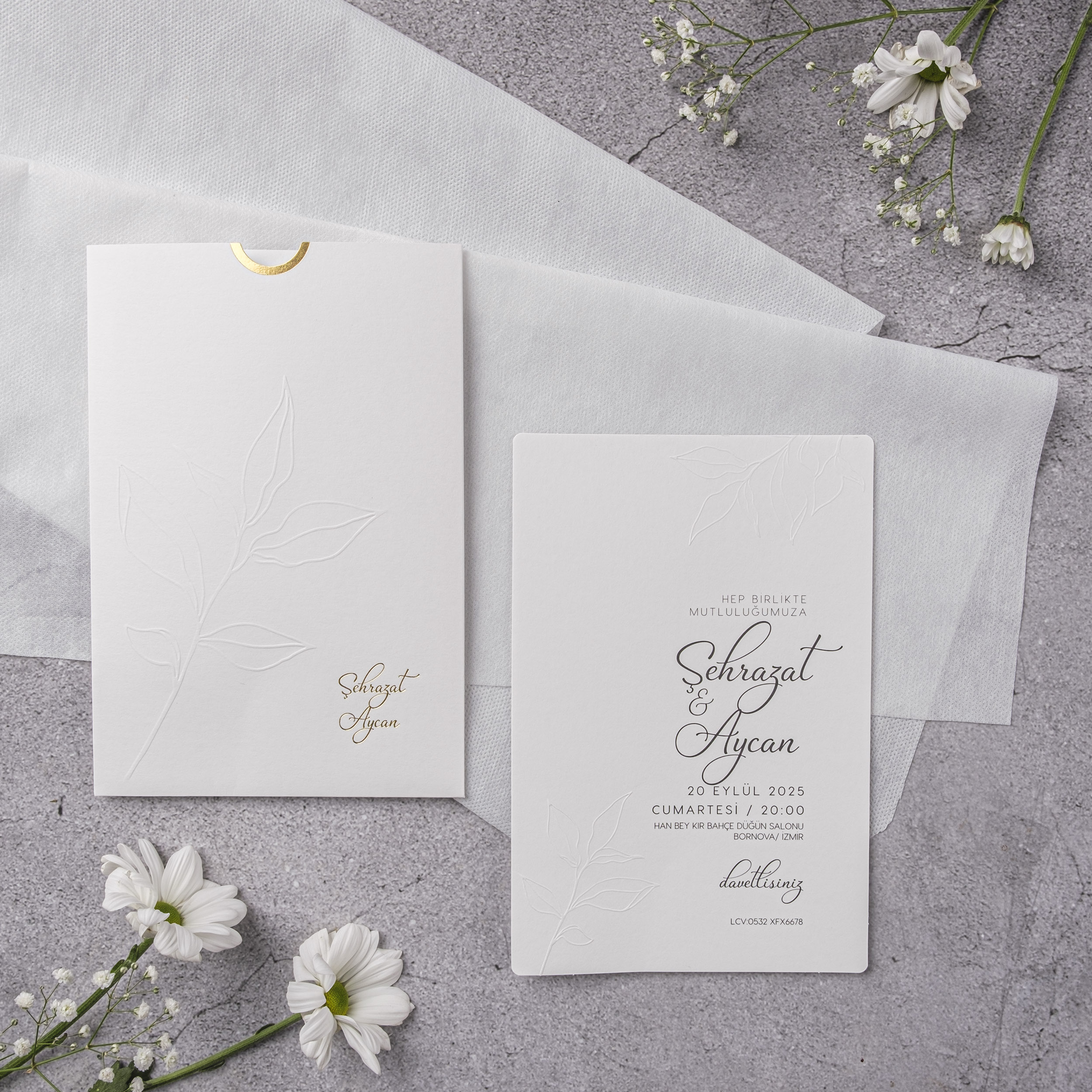 White Gold Embossed Botanical Leaf Wedding Invitation