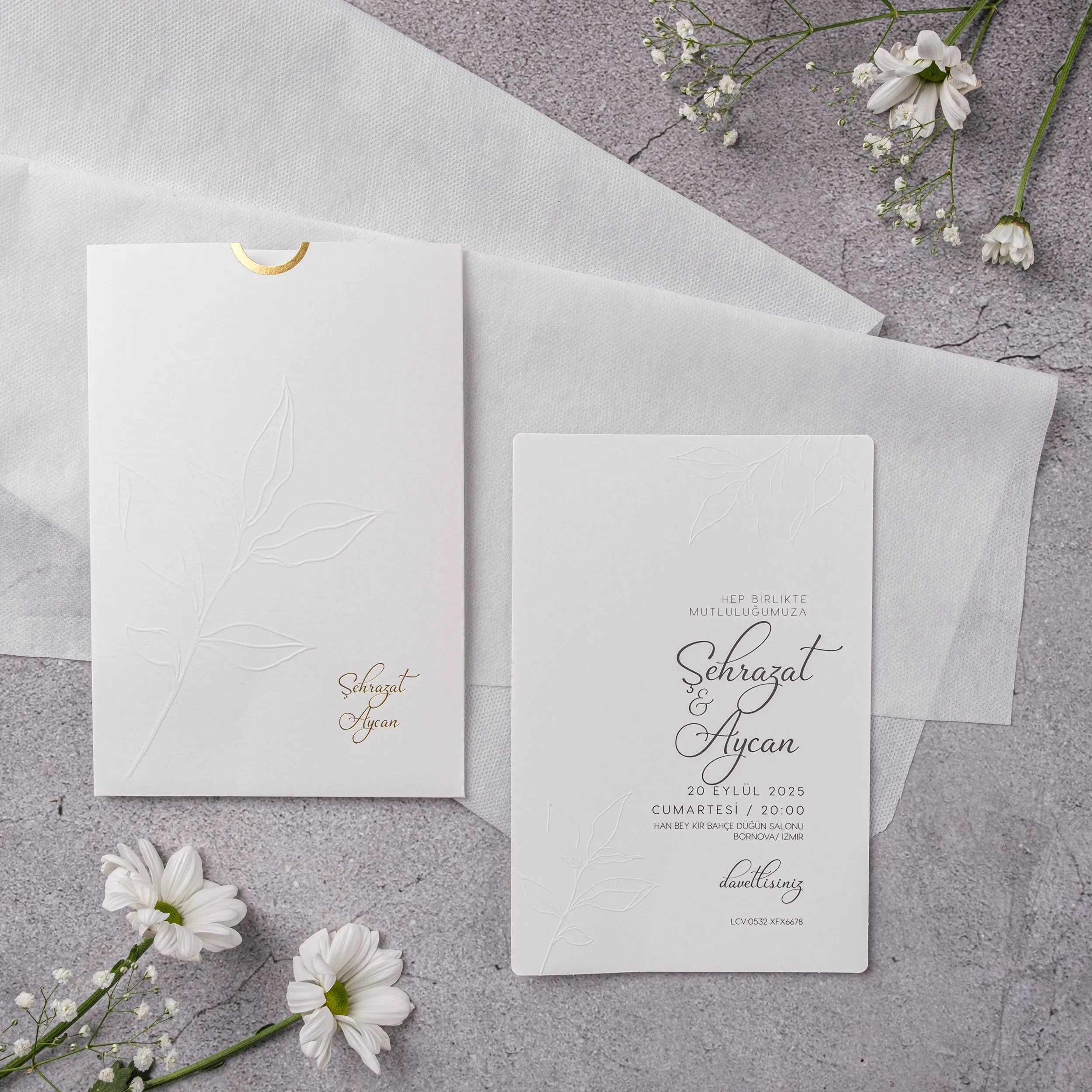 White Gold Embossed Botanical Leaf Wedding Invitation