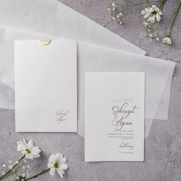 White Gold Embossed Botanical Leaf Wedding Invitation