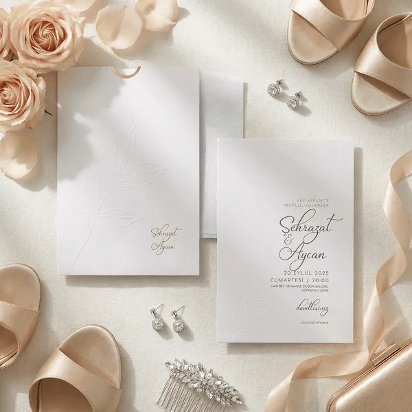 White Gold Embossed Botanical Leaf Wedding Invitation