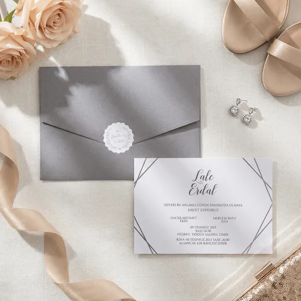 Gray Scalloped Seal Geometric Corner Wedding Invitation